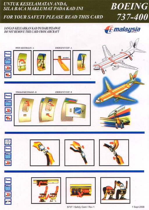 Airline Safety Card For malaysia airlines boeing 737400 kaki.jpg